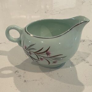 Universal Pottery Creamer Pale Blue w/Pink Flowers & Silver Trim Retro Kitchen
